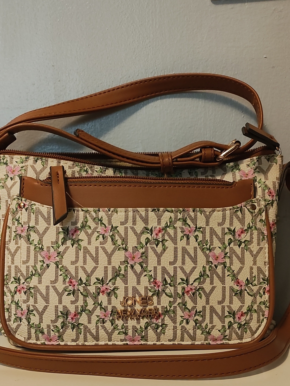 Jones New York Tan Trim Floral Logo Crossbody with Pink Blossoms